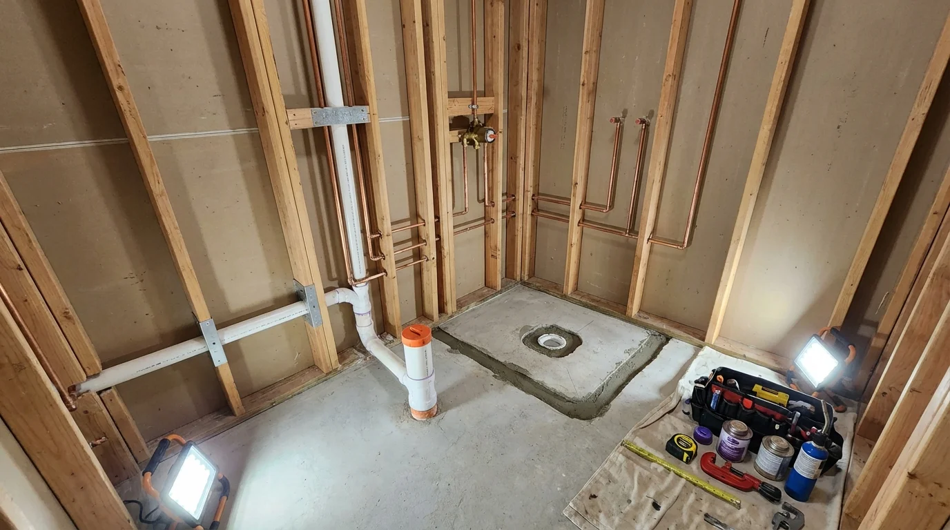 Bathroom rough-in plumbing during remodel by Johns Plumbing LLC in Beach