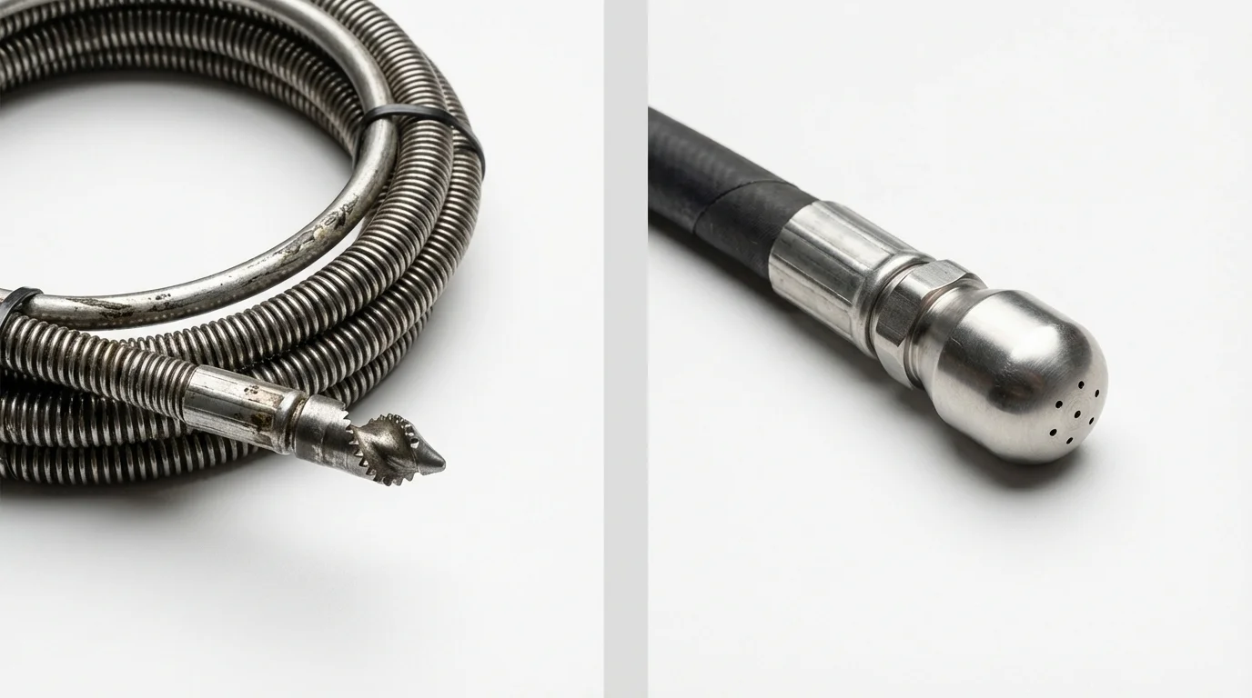 Drain snake cable and hydro jetting nozzle used for drain cleaning in Beach, ND