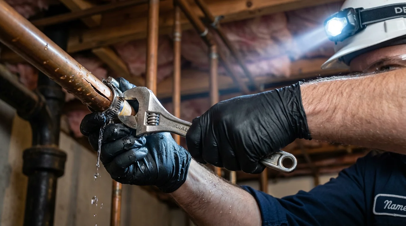 Emergency pipe clamp repair being performed by a Johns Plumbing LLC plumber in Beach