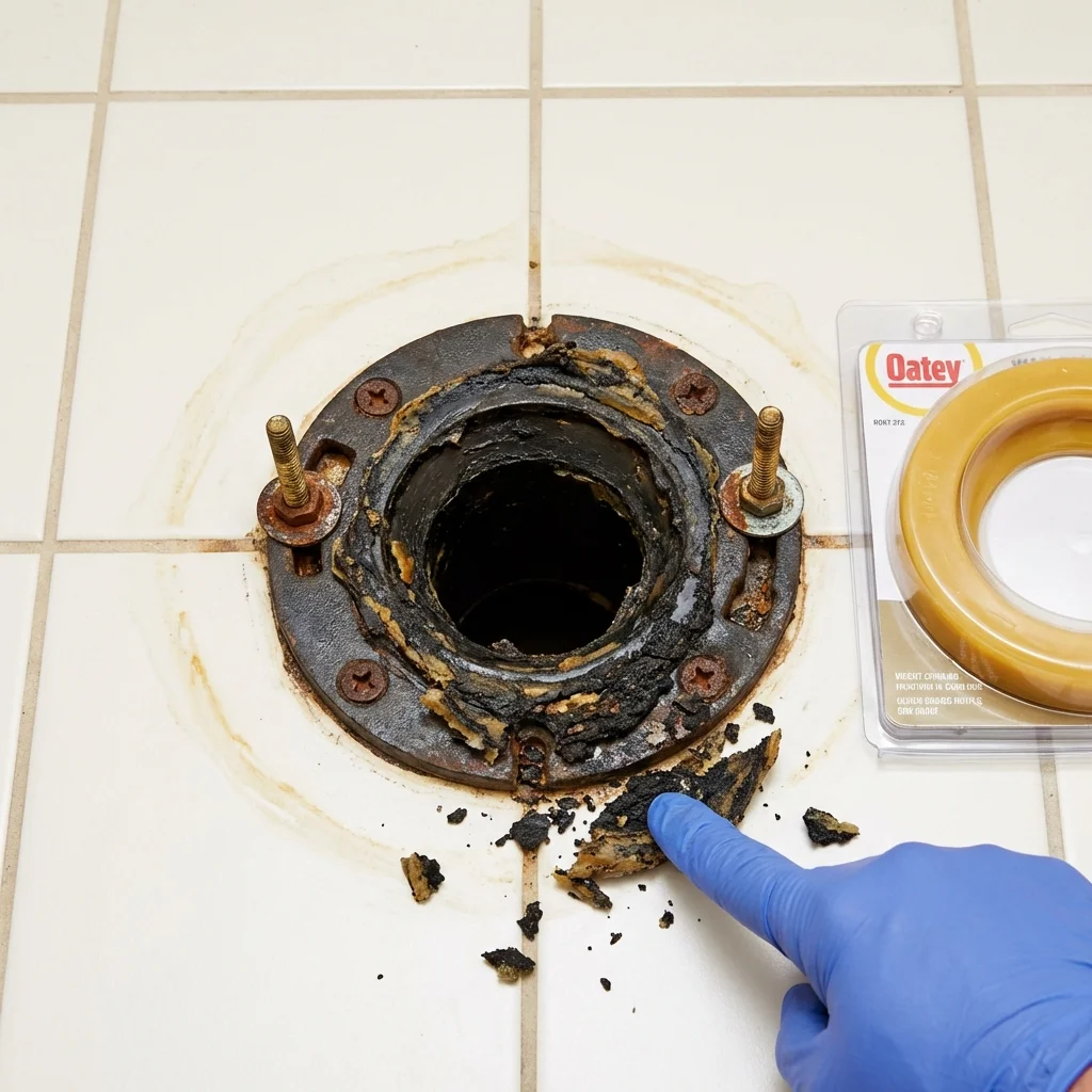 Failed wax ring showing water seepage at the base of a toilet in a Beach, ND home