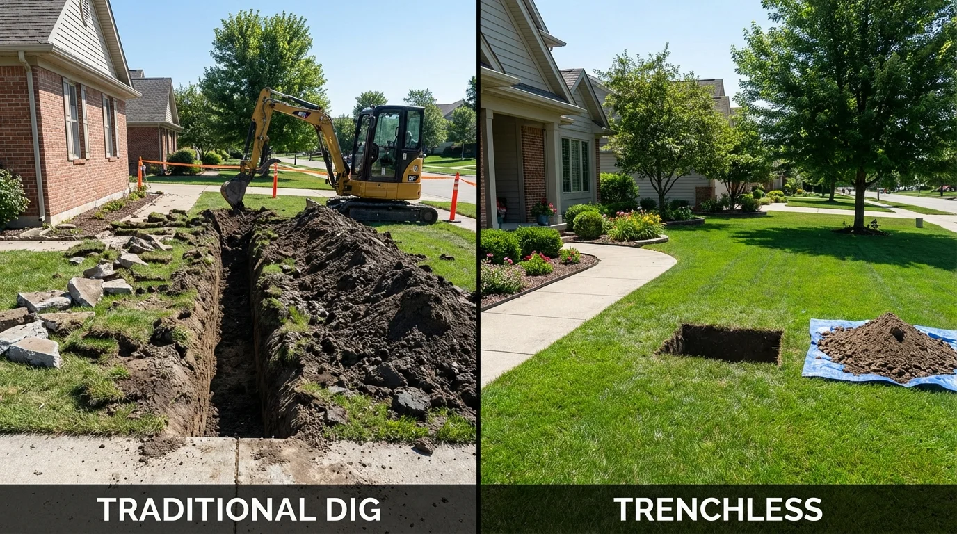 Trenchless sewer repair with minimal yard damage versus traditional excavation in Beach, ND